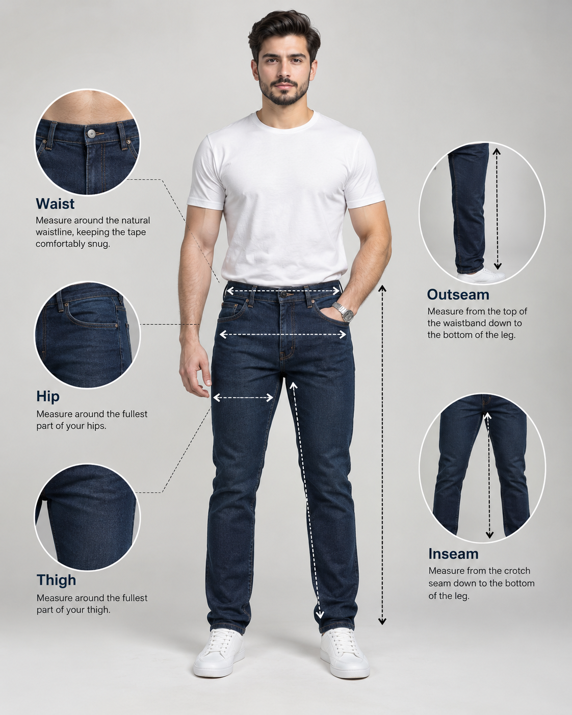 Men's jeans measurement guide showing waist, hip, thigh, inseam and outseam